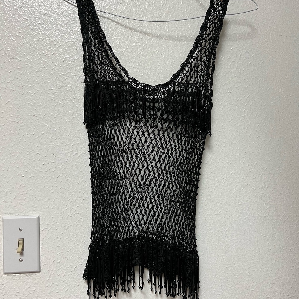Woven mesh beaded shirt black size S
